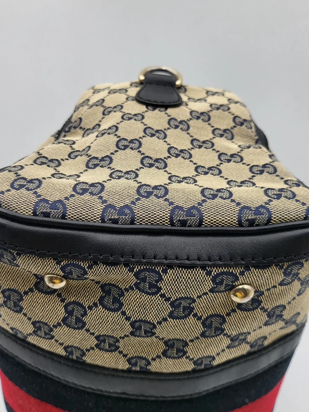 GUCCI Monogram Selleria Calfskin Vintage Web Medium Boston Black, Auth. w/COA..